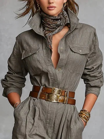 Sophie | Katoenen-linnen jumpsuit met lange mouwen